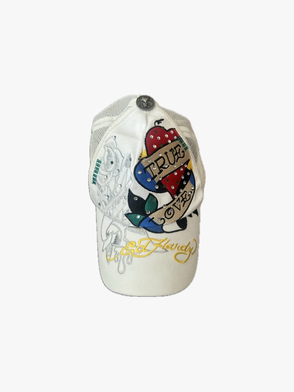 Ed Hardy Kids White Cap with Multicolor 'True Love' Heart Embroidery